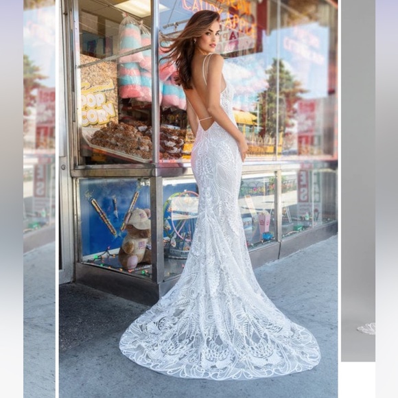 Tara Keely Rosalina Sequin Lace Sheath Open Back Ballerina Neckline Gown…